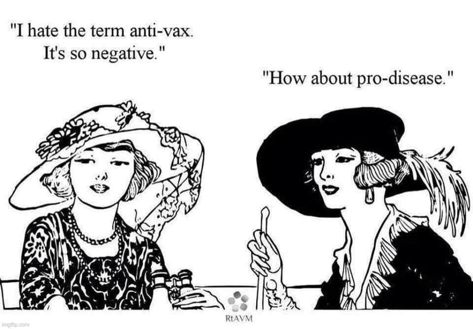 "Death" is such a NEGATIVE word ... | "I hate the term anti-vax. It's so negative." "How about pro-disease." | image tagged in covid,politics,anti-vaxx,rick75230,pandemic,death | made w/ Imgflip meme maker