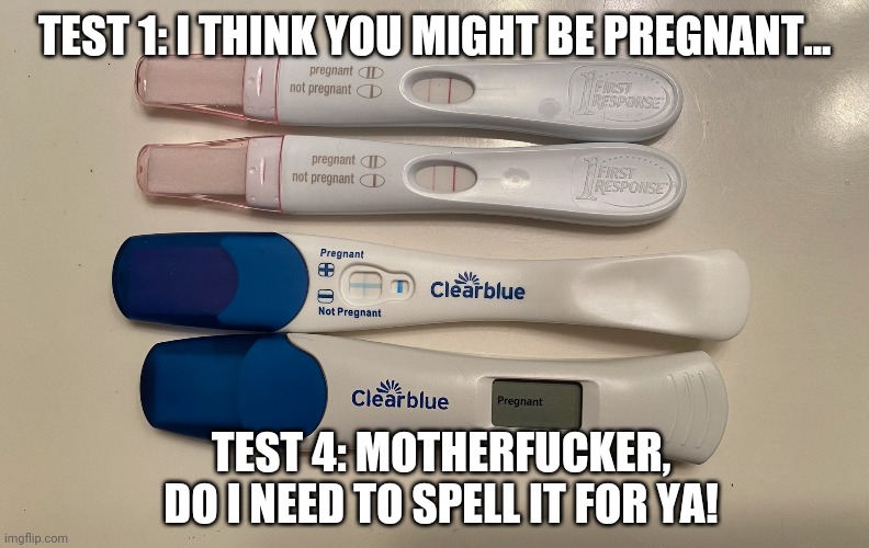 TEST 1: I THINK YOU MIGHT BE PREGNANT... TEST 4: MOTHERFUCKER, DO I NEED TO SPELL IT FOR YA! | image tagged in pregnancy test | made w/ Imgflip meme maker