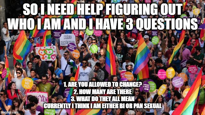 lgbt  | SO I NEED HELP FIGURING OUT WHO I AM AND I HAVE 3 QUESTIONS; 1. ARE YOU ALLOWED TO CHANGE?
2. HOW MANY ARE THERE
3. WHAT DO THEY ALL MEAN
CURRENTLY I THINK I AM EITHER BI OR PAN SEXUAL | image tagged in lgbt | made w/ Imgflip meme maker