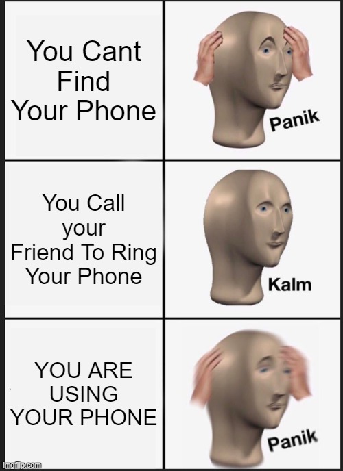 panic | You Cant Find Your Phone; You Call your Friend To Ring Your Phone; YOU ARE USING YOUR PHONE | image tagged in memes,panik kalm panik | made w/ Imgflip meme maker