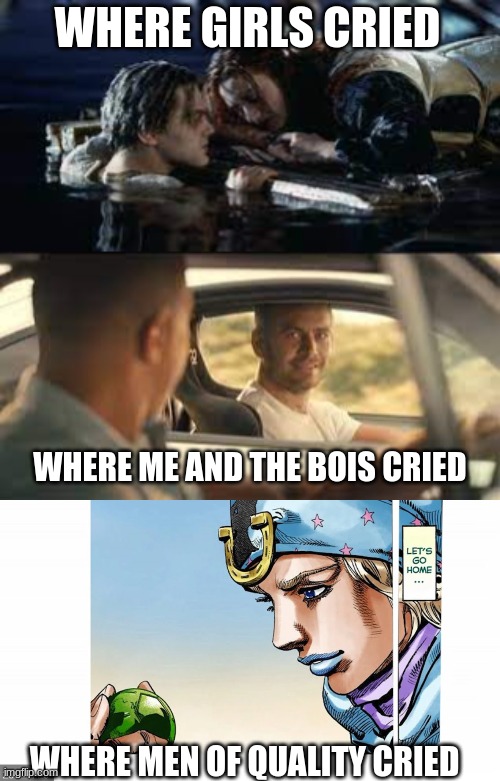 Arigato... Gyro | WHERE GIRLS CRIED; WHERE ME AND THE BOIS CRIED; WHERE MEN OF QUALITY CRIED | image tagged in anime | made w/ Imgflip meme maker
