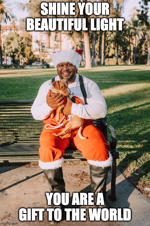Shine your beautiful light | SHINE YOUR BEAUTIFUL LIGHT; YOU ARE A GIFT TO THE WORLD | image tagged in happy man,black santa relaxing,man with dog,man in santa suit with dog | made w/ Imgflip meme maker