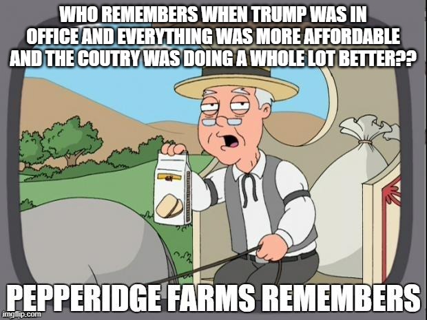 WE ALL KNOW | WHO REMEMBERS WHEN TRUMP WAS IN OFFICE AND EVERYTHING WAS MORE AFFORDABLE AND THE COUTRY WAS DOING A WHOLE LOT BETTER?? | image tagged in pepperidge farms remembers | made w/ Imgflip meme maker