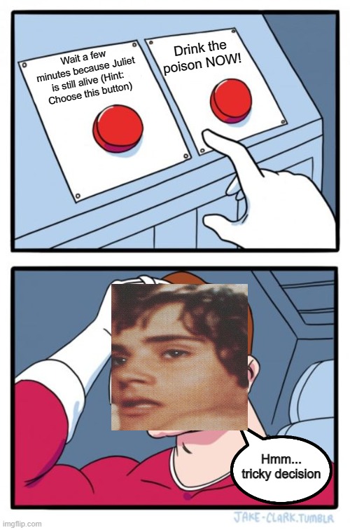 Two Buttons | Drink the poison NOW! Wait a few minutes because Juliet is still alive (Hint: Choose this button); Hmm... tricky decision | image tagged in memes,two buttons | made w/ Imgflip meme maker