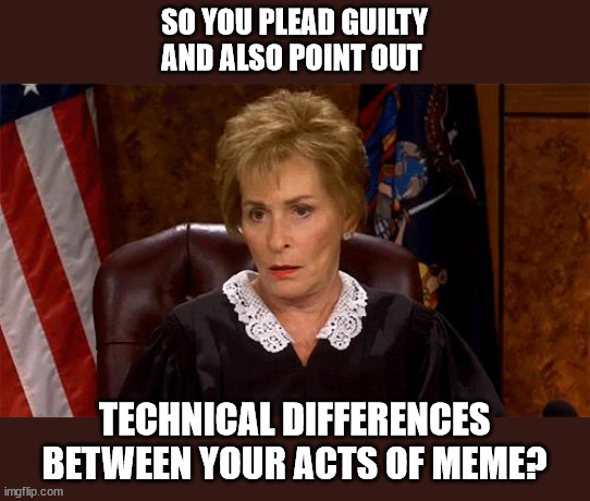 Judge Judy Unimpressed | SO YOU PLEAD GUILTY
AND ALSO POINT OUT TECHNICAL DIFFERENCES BETWEEN YOUR ACTS OF MEME? | image tagged in judge judy unimpressed | made w/ Imgflip meme maker