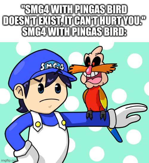 .-. | "SMG4 WITH PINGAS BIRD DOESN'T EXIST, IT CAN'T HURT YOU."
SMG4 WITH PINGAS BIRD: | image tagged in memes,smg4,wtf | made w/ Imgflip meme maker