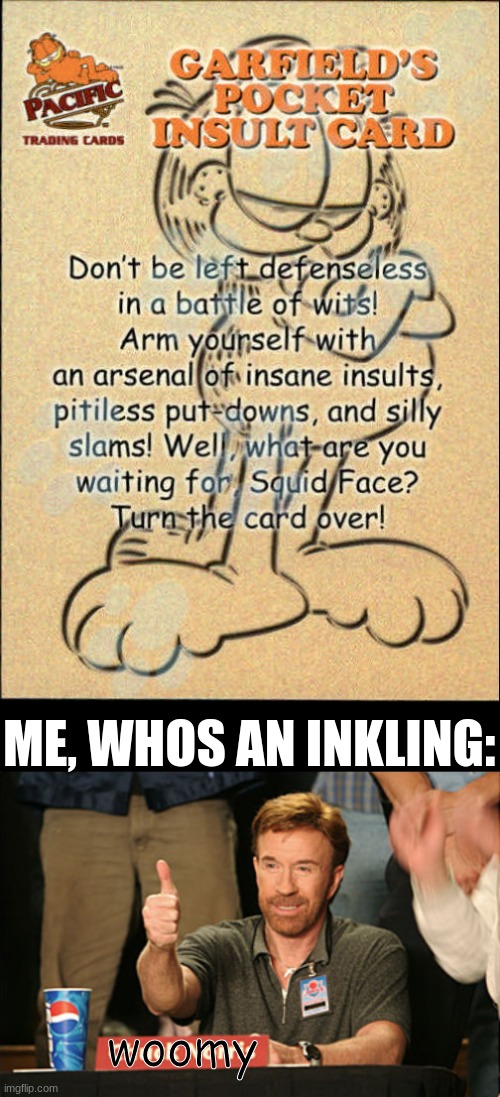 check seconed to last sentence | ME, WHOS AN INKLING:; woomy | image tagged in memes,chuck norris approves | made w/ Imgflip meme maker