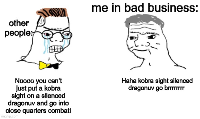 No!!!! You can’t just.. | me in bad business:; other people:; Haha kobra sight silenced dragonuv go brrrrrrrr; Noooo you can’t just put a kobra sight on a silenced dragonuv and go into close quarters combat! | image tagged in no you can t just | made w/ Imgflip meme maker