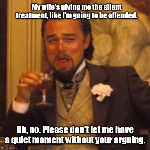 Oh, no! | My wife's giving me the silent treatment, like I'm going to be offended. Oh, no. Please don't let me have a quiet moment without your arguing. | image tagged in memes,laughing leo,funny | made w/ Imgflip meme maker