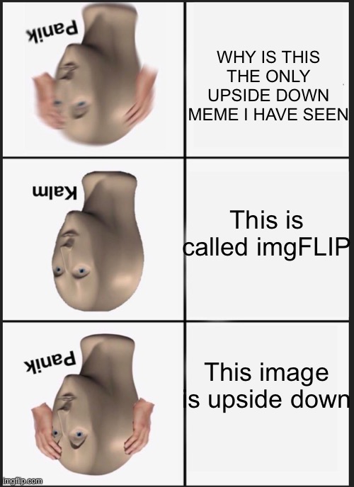 Panik Kalm Panik Meme | WHY IS THIS THE ONLY UPSIDE DOWN MEME I HAVE SEEN; This is called imgFLIP; This image is upside down | image tagged in memes,panik kalm panik | made w/ Imgflip meme maker