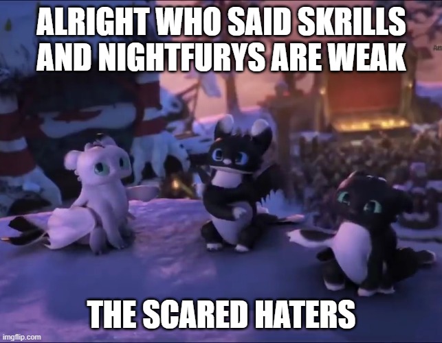 night lights | ALRIGHT WHO SAID SKRILLS AND NIGHTFURYS ARE WEAK; THE SCARED HATERS | image tagged in night lights | made w/ Imgflip meme maker