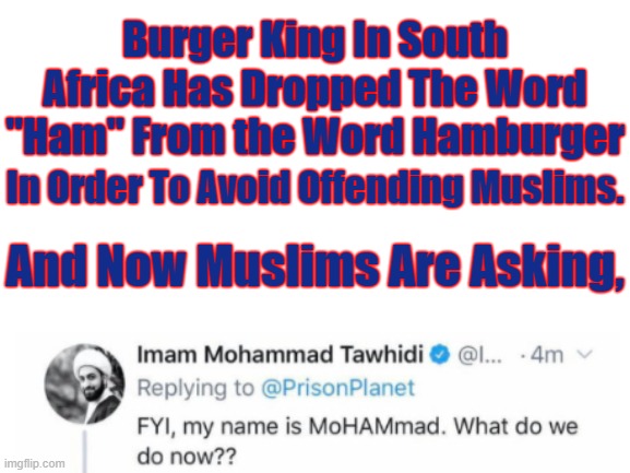 This Is What Happens When People Don't Think Things Through. | Burger King In South Africa Has Dropped The Word "Ham" From the Word Hamburger; In Order To Avoid Offending Muslims. And Now Muslims Are Asking, | image tagged in burger king,dropped ham from hamburger,mohammad | made w/ Imgflip meme maker