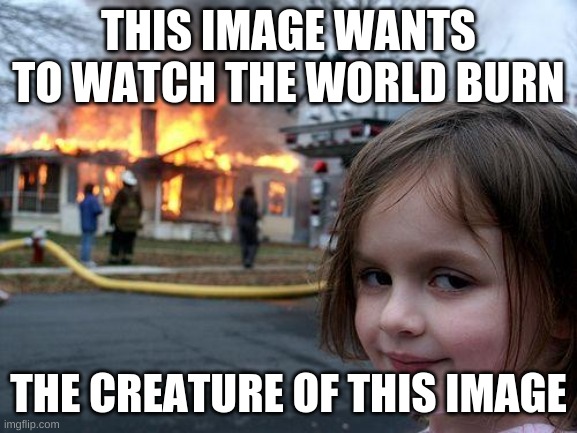 Disaster Girl Meme | THIS IMAGE WANTS TO WATCH THE WORLD BURN THE CREATURE OF THIS IMAGE | image tagged in memes,disaster girl | made w/ Imgflip meme maker