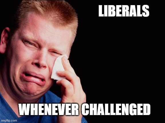 Liberals are so brave and patriotic, right? | LIBERALS; WHENEVER CHALLENGED | image tagged in cry,liberals,democrats,woke,dimwits,idiots | made w/ Imgflip meme maker