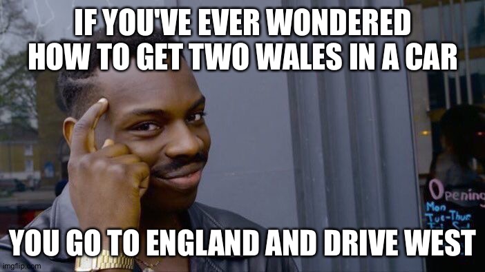 To Whales | IF YOU'VE EVER WONDERED HOW TO GET TWO WALES IN A CAR; YOU GO TO ENGLAND AND DRIVE WEST | image tagged in memes,roll safe think about it,smort,infinite iq,wales | made w/ Imgflip meme maker