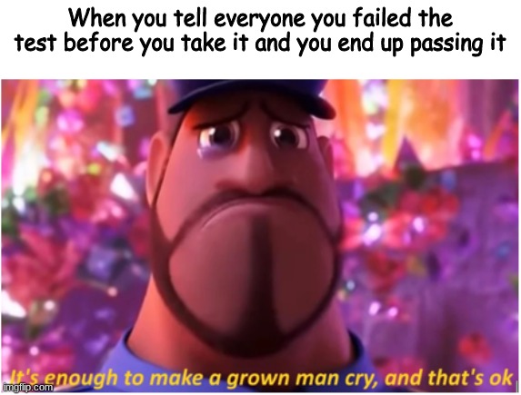 "Guys, guys have some confidence. Like me! I don't think I'm gonna fail I KNOW I'm gonna fail :D" | When you tell everyone you failed the test before you take it and you end up passing it | image tagged in it's enough to make a grown man cry and that's ok | made w/ Imgflip meme maker