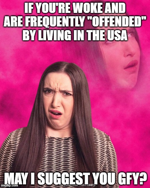 Message to the woke | IF YOU'RE WOKE AND ARE FREQUENTLY "OFFENDED" BY LIVING IN THE USA; MAY I SUGGEST YOU GFY? | image tagged in offended girl,liberals,democrats,woke,offended,dimwits | made w/ Imgflip meme maker