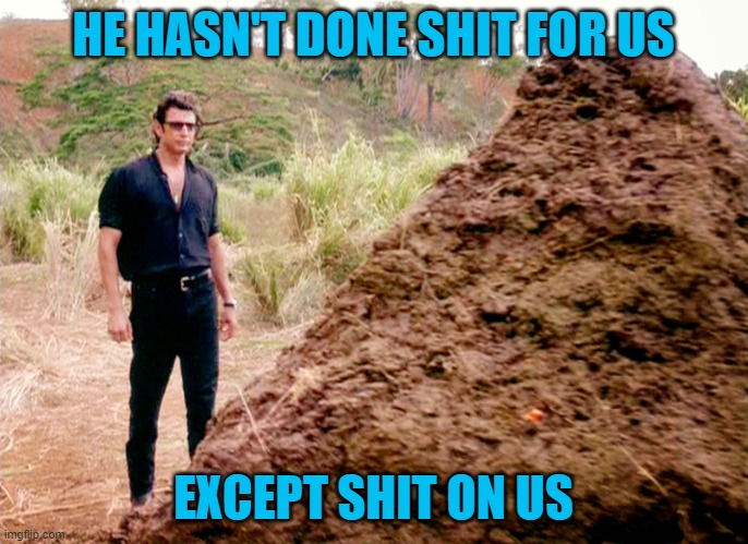 Memes, Poop, Jurassic Park | HE HASN'T DONE SHIT FOR US EXCEPT SHIT ON US | image tagged in memes poop jurassic park | made w/ Imgflip meme maker