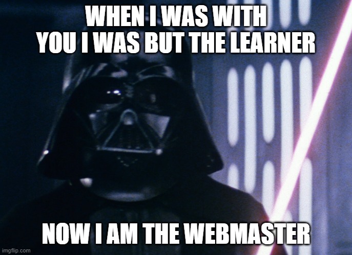 darth vader webmaster | WHEN I WAS WITH YOU I WAS BUT THE LEARNER; NOW I AM THE WEBMASTER | image tagged in darth vader with lightsaber | made w/ Imgflip meme maker