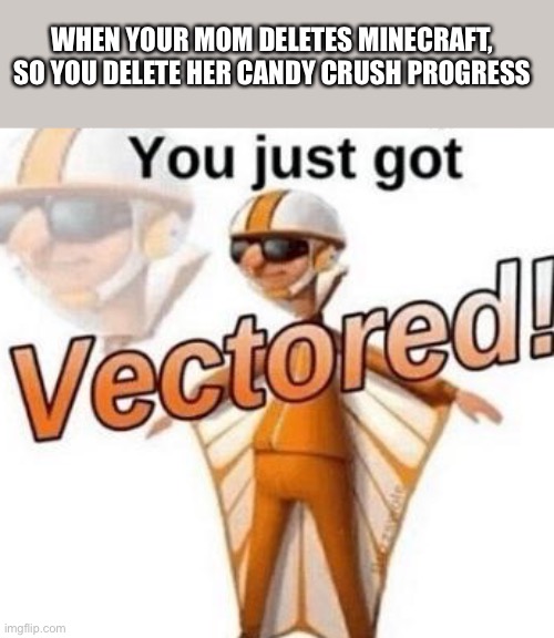 Yeetus Deletus | WHEN YOUR MOM DELETES MINECRAFT, SO YOU DELETE HER CANDY CRUSH PROGRESS | image tagged in you just got vectored | made w/ Imgflip meme maker