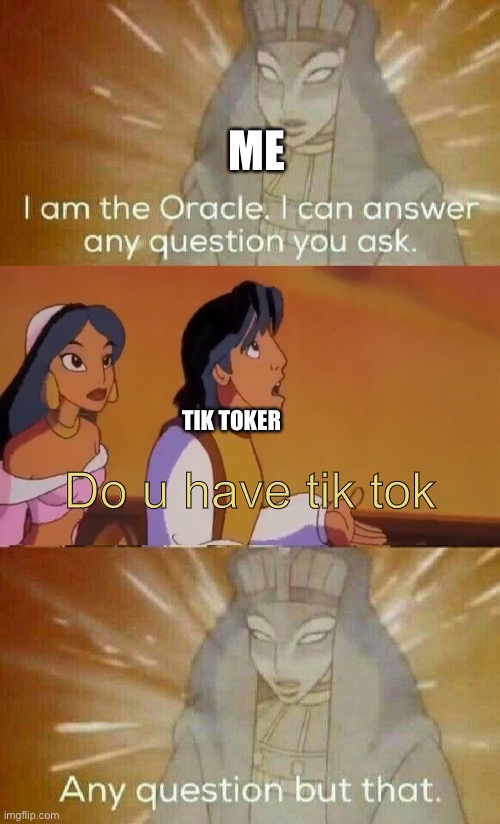 Call the cops and shoot tik tok | ME; TIK TOKER; Do u have tik tok | image tagged in the oracle | made w/ Imgflip meme maker