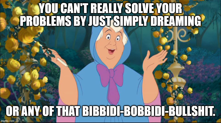 Cinderella Fairy  Godmother | YOU CAN'T REALLY SOLVE YOUR PROBLEMS BY JUST SIMPLY DREAMING; OR ANY OF THAT BIBBIDI-BOBBIDI-BULLSHIT. | image tagged in cinderella fairy godmother | made w/ Imgflip meme maker