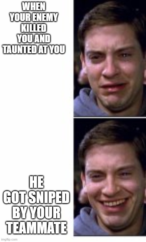 tobey maguire crying and smiling | WHEN YOUR ENEMY KILLED YOU AND TAUNTED AT YOU; HE GOT SNIPED BY YOUR TEAMMATE | image tagged in tobey maguire crying and smiling | made w/ Imgflip meme maker