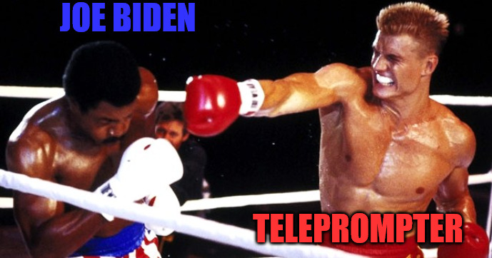 Joe vs Teleprompter | JOE BIDEN; TELEPROMPTER | image tagged in rocky,ivan drago,apollo creed | made w/ Imgflip meme maker
