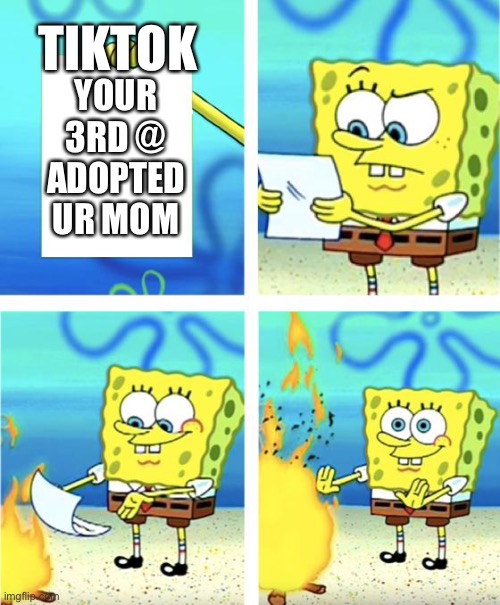 TIKTOK be like | TIKTOK; YOUR 3RD @ ADOPTED UR MOM | image tagged in spongebob burning paper | made w/ Imgflip meme maker