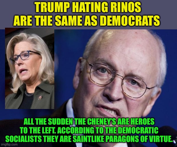 The Cheney’s , Democratic Allied Rinos | TRUMP HATING RINOS ARE THE SAME AS DEMOCRATS; ALL THE SUDDEN THE CHENEY’S ARE HEROES TO THE LEFT. ACCORDING TO THE DEMOCRATIC SOCIALISTS THEY ARE SAINTLIKE PARAGONS OF VIRTUE. | image tagged in scumbag dick cheney,liz cheney,paragons of virtue,dumb blonde,dumb and dumber | made w/ Imgflip meme maker