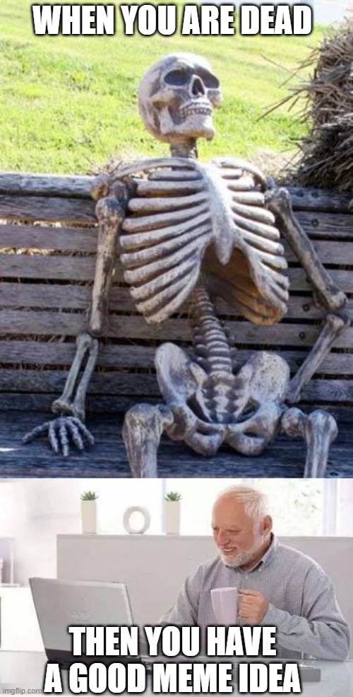WHEN YOU ARE DEAD; THEN YOU HAVE A GOOD MEME IDEA | image tagged in memes,waiting skeleton,hide the pain harold | made w/ Imgflip meme maker