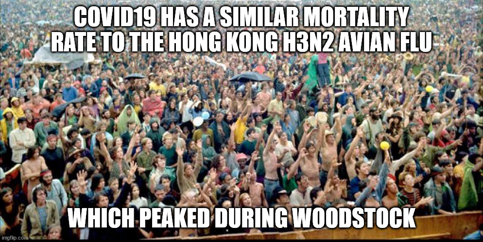 Covid19 has a similar mortality rate to the H3N2 Hong Kong avian flu | COVID19 HAS A SIMILAR MORTALITY RATE TO THE HONG KONG H3N2 AVIAN FLU; WHICH PEAKED DURING WOODSTOCK | image tagged in covid19,hing kong,h3n2,avian flu | made w/ Imgflip meme maker