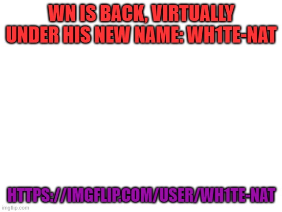 Blank White Template | WN IS BACK, VIRTUALLY UNDER HIS NEW NAME: WH1TE-NAT; HTTPS://IMGFLIP.COM/USER/WH1TE-NAT | image tagged in blank white template | made w/ Imgflip meme maker