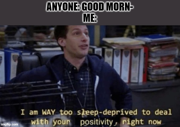 too sleep deprived for positivity | ANYONE: GOOD MORN-
ME: | image tagged in too sleep deprived for positivity | made w/ Imgflip meme maker
