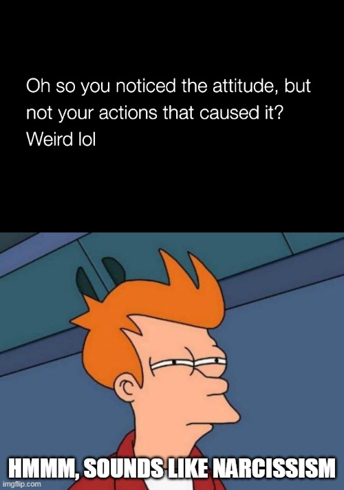 THE OLD BLAME GAME | HMMM, SOUNDS LIKE NARCISSISM | image tagged in memes,futurama fry | made w/ Imgflip meme maker