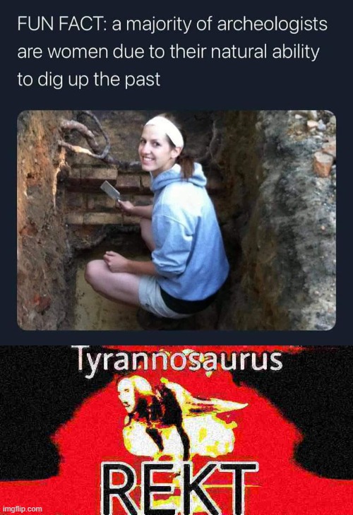 i finally know what this rekt meme is for | image tagged in women archaeologists,tyrannosaurus rekt deep-fried,rekt,tyrannosaurus rekt,get rekt,oof | made w/ Imgflip meme maker