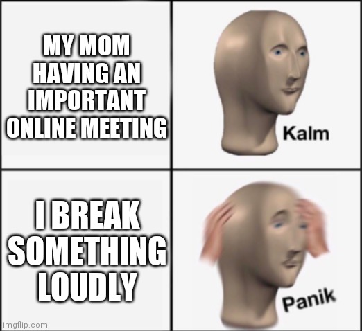 This didn't happen to me .................... yet ;-; | MY MOM HAVING AN IMPORTANT ONLINE MEETING; I BREAK SOMETHING LOUDLY | image tagged in kalm panik | made w/ Imgflip meme maker