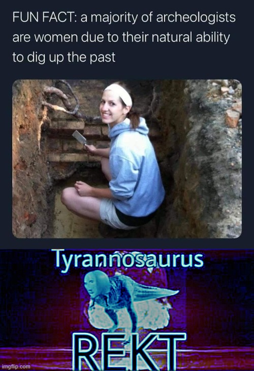 image tagged in women archaeologists,tyrannosaurus rekt blue hue sharpened | made w/ Imgflip meme maker