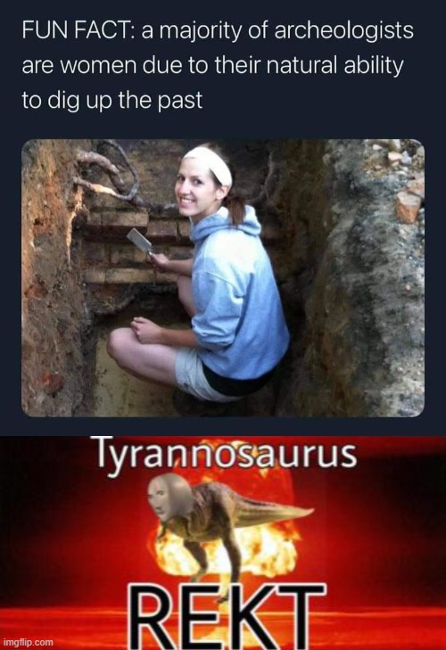 when you dig up dino bones & get t-rekt | image tagged in women archaeologists,tyrannosaurus rekt,rekt,get rekt,women,fun fact | made w/ Imgflip meme maker