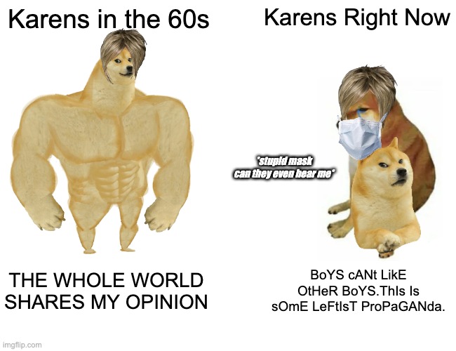 Buff Doge vs. Cheems Meme | Karens in the 60s; Karens Right Now; *stupid mask can they even hear me*; THE WHOLE WORLD SHARES MY OPINION; BoYS cANt LikE OtHeR BoYS.ThIs Is sOmE LeFtIsT ProPaGANda. | image tagged in memes,buff doge vs cheems,karen,lgbtq | made w/ Imgflip meme maker