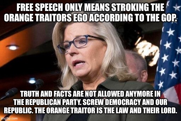 Liz Cheney | FREE SPEECH ONLY MEANS STROKING THE ORANGE TRAITORS EGO ACCORDING TO THE GOP. TRUTH AND FACTS ARE NOT ALLOWED ANYMORE IN THE REPUBLICAN PARTY. SCREW DEMOCRACY AND OUR REPUBLIC. THE ORANGE TRAITOR IS THE LAW AND THEIR LORD. | image tagged in liz cheney | made w/ Imgflip meme maker