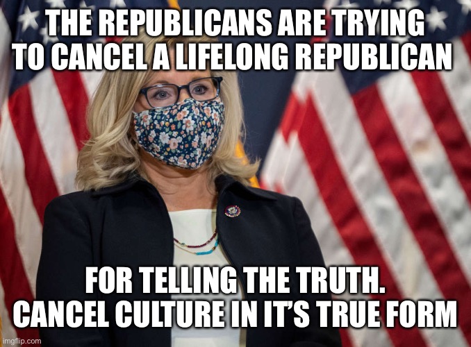 Liz Cheney face mask | THE REPUBLICANS ARE TRYING TO CANCEL A LIFELONG REPUBLICAN; FOR TELLING THE TRUTH. CANCEL CULTURE IN IT’S TRUE FORM | image tagged in liz cheney face mask | made w/ Imgflip meme maker