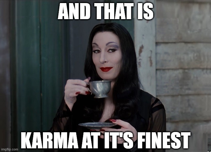 MORTICIA KARMA | AND THAT IS; KARMA AT IT'S FINEST | image tagged in morticia,karma | made w/ Imgflip meme maker