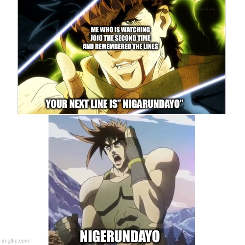 Jojo meme | ME WHO IS WATCHING JOJO THE SECOND TIME AND REMEMBERED THE LINES; YOUR NEXT LINE IS” NIGARUNDAYO”; NIGERUNDAYO | image tagged in random tag i decided to put,another random tag i decided to put,another one,and another one,you know the drill | made w/ Imgflip meme maker