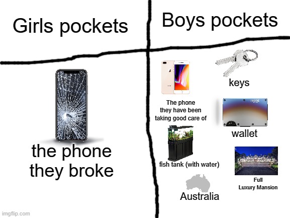 Just make sure not to spill water everywhere | Girls pockets; Boys pockets; keys; The phone they have been taking good care of; wallet; the phone they broke; fish tank (with water); Full Luxury Mansion; Australia | image tagged in blank white template,memes | made w/ Imgflip meme maker