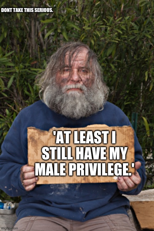 Blak Homeless Sign | DONT TAKE THIS SERIOUS. 'AT LEAST I STILL HAVE MY MALE PRIVILEGE.' | image tagged in blak homeless sign | made w/ Imgflip meme maker