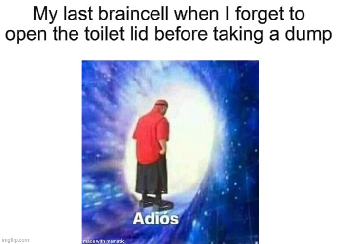 uh oh | My last braincell when I forget to open the toilet lid before taking a dump | image tagged in text adios | made w/ Imgflip meme maker