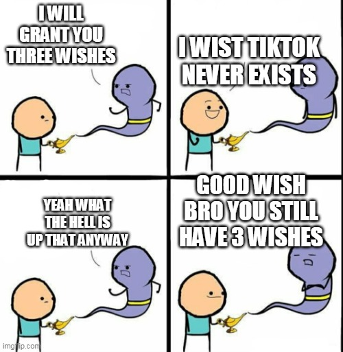 uhhh is this true i will know this will never be on the front page of this stream | I WIST TIKTOK NEVER EXISTS; I WILL GRANT YOU THREE WISHES; GOOD WISH BRO YOU STILL HAVE 3 WISHES; YEAH WHAT THE HELL IS UP THAT ANYWAY | image tagged in genie,meme,memes,bad memes,tiktok sucks,bad meme | made w/ Imgflip meme maker