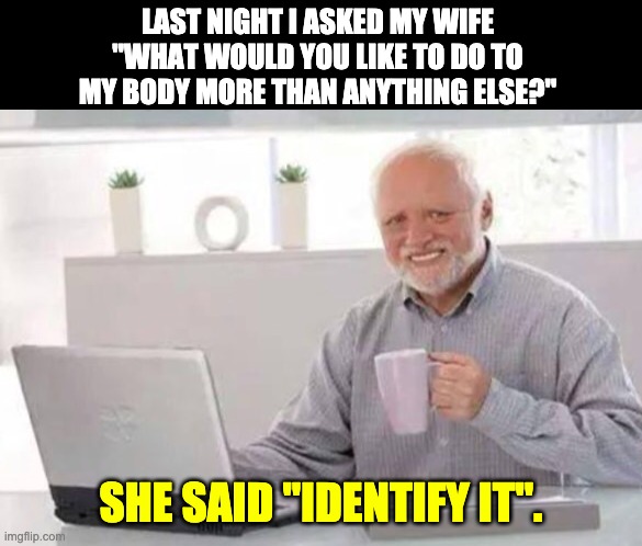 Body | LAST NIGHT I ASKED MY WIFE "WHAT WOULD YOU LIKE TO DO TO MY BODY MORE THAN ANYTHING ELSE?"; SHE SAID "IDENTIFY IT". | image tagged in harold | made w/ Imgflip meme maker