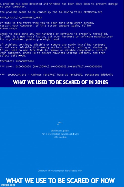 What we used to be... | WHAT WE USED TO BE SCARED OF IN 2010S; WHAT WE USE TO BE SCARED OF NOW | image tagged in what we used to be scared of windows 10,what we used to | made w/ Imgflip meme maker